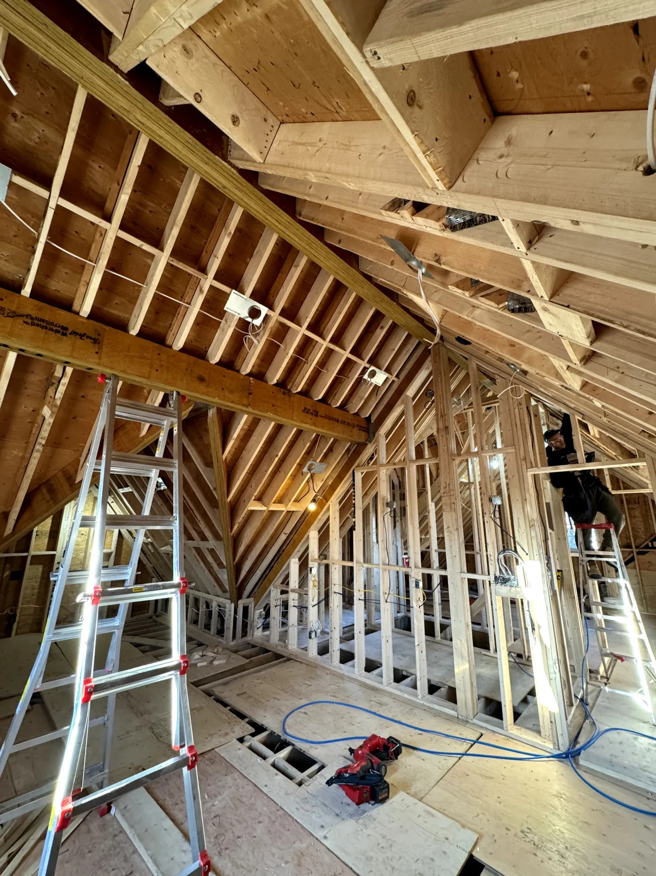 Interior wall and ceiling framing during a major renovation