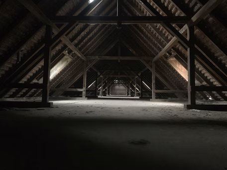 Unfinished attic with exposed timber roof framing